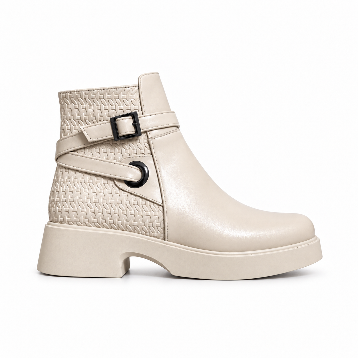 Women's Leather Ankle Boot with Thick Heel and Side Buckle Zipper G-67