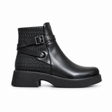 Women's Leather Ankle Boot with Thick Heel and Side Buckle Zipper G-67