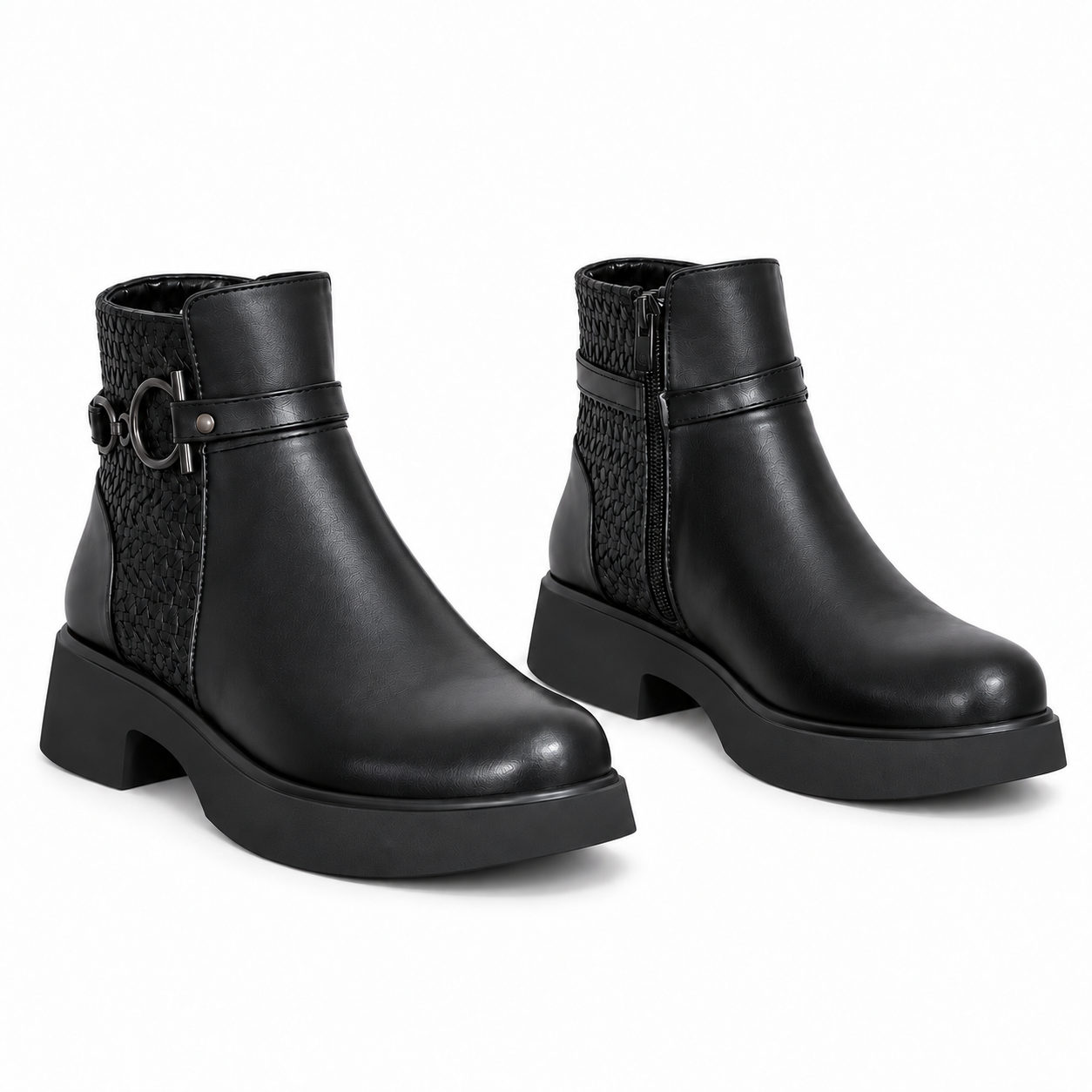Women's Leather Ankle Boot with Thick Heel and Side Zipper G-66
