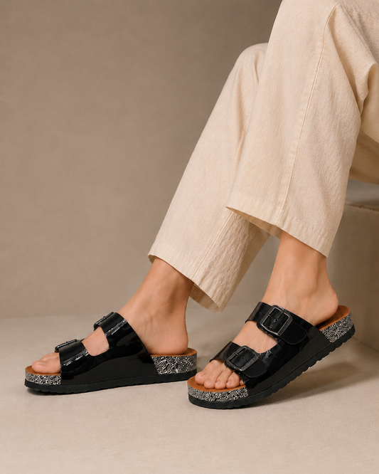 Slippers leather Glossy flat Double strap with buckles SL-232