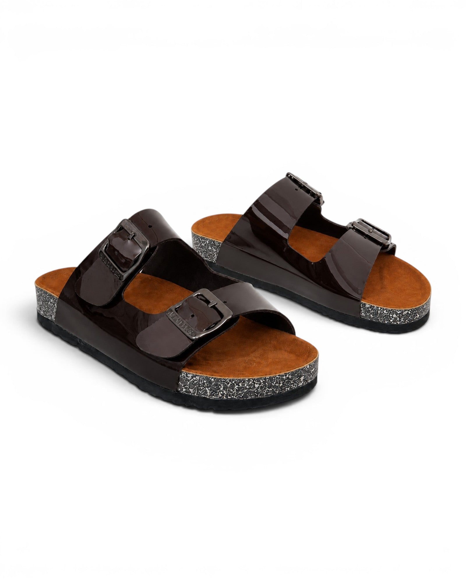 Slippers leather Glossy flat Double strap with buckles SL-232