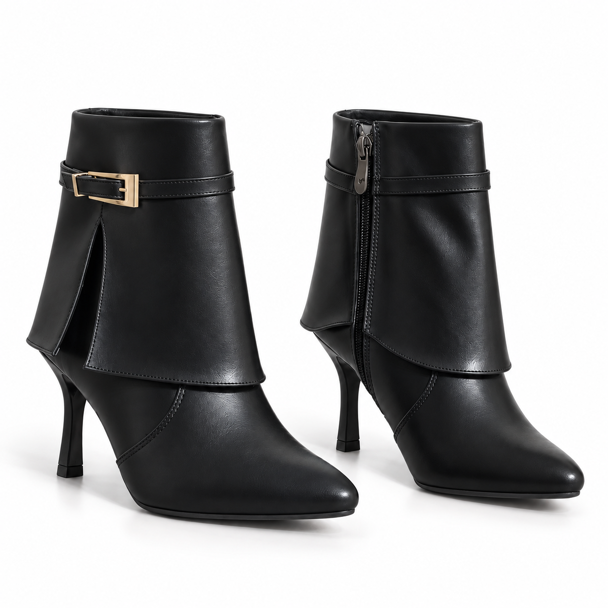 Ankle Boot Leather with a slim heel and a strap with a gold buckle L-121