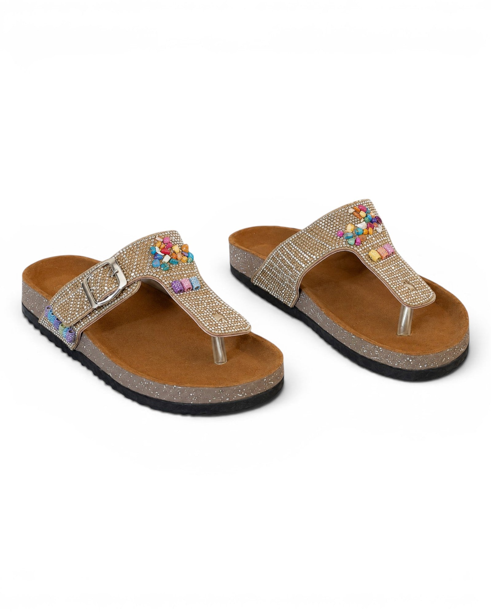 Slippers Flat Leather With a toe cap studded with colorful stones SL-244