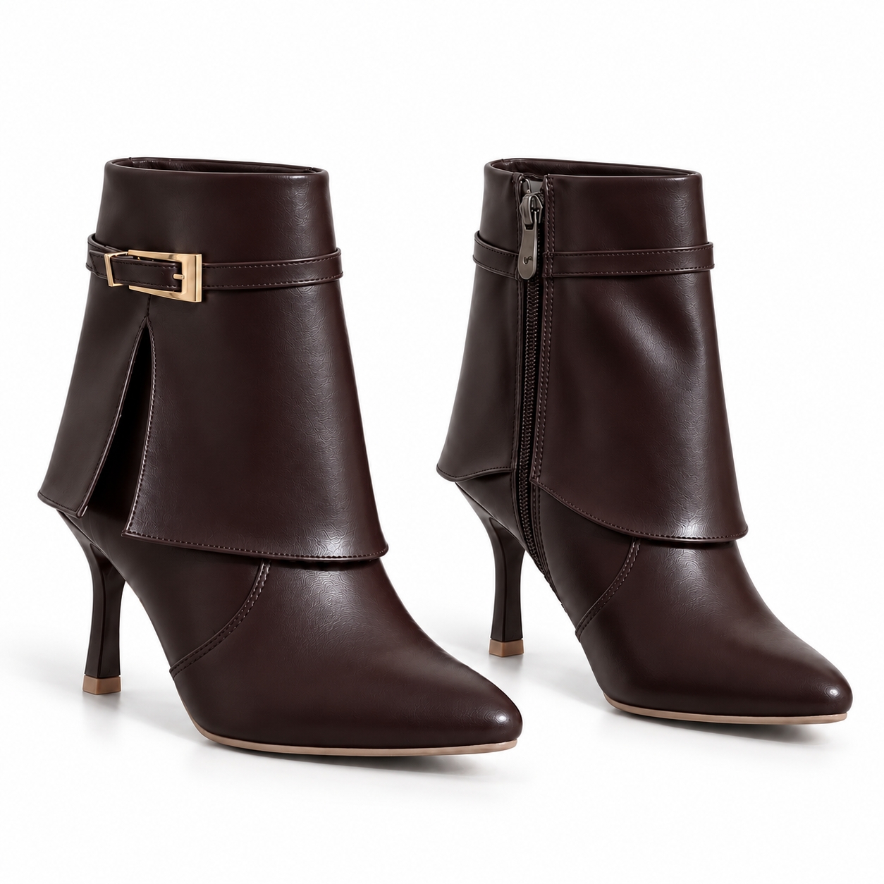 Ankle Boot Leather with a slim heel and a strap with a gold buckle L-121