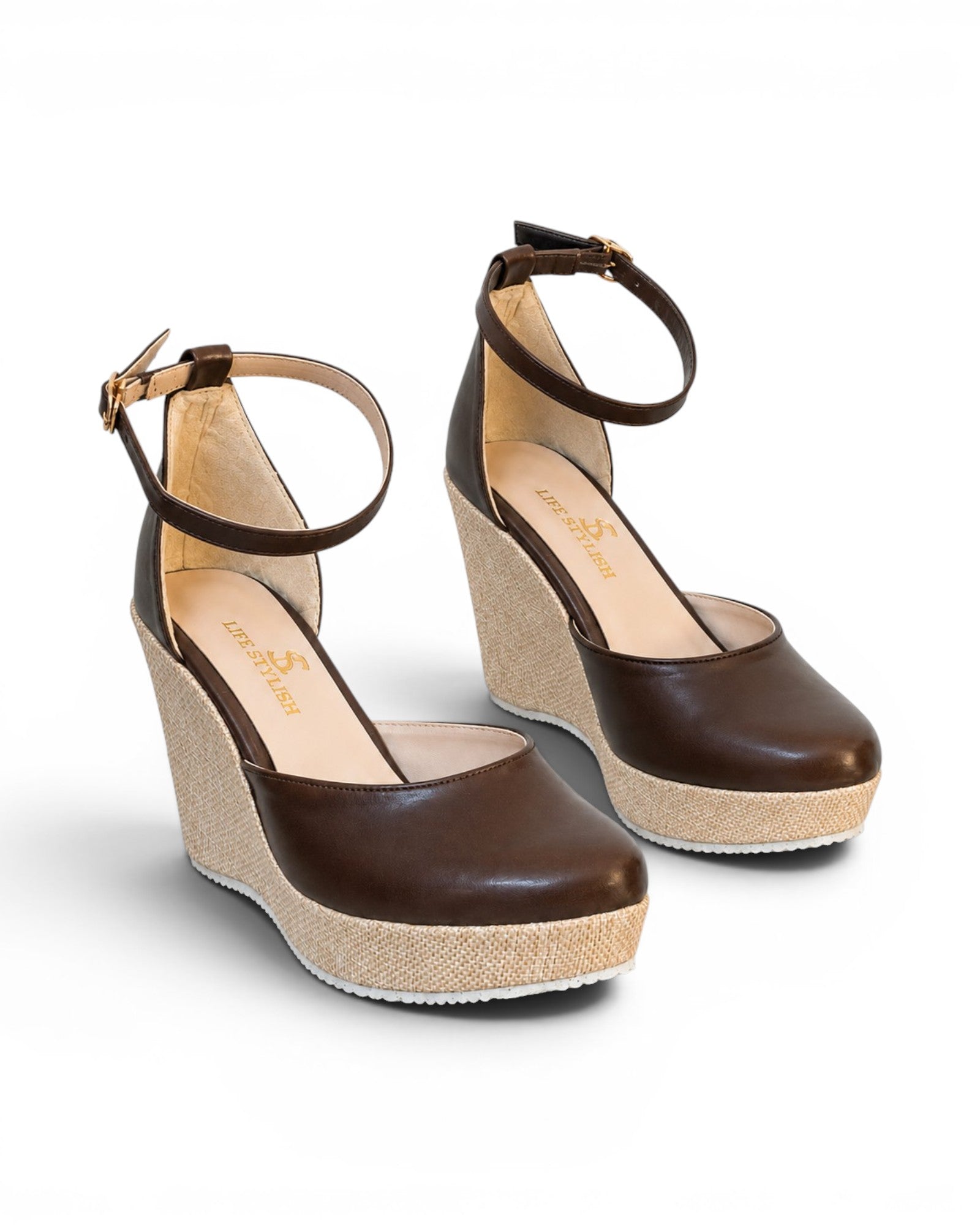 Sandal heel wedge leather with ankle strap W-312