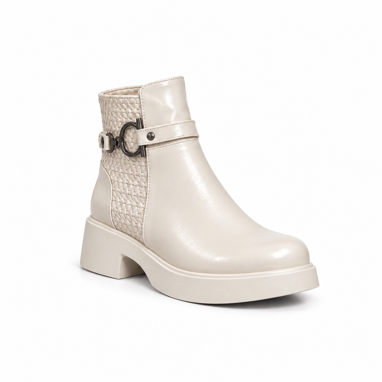 Women's Leather Ankle Boot with Thick Heel and Side Zipper G-66