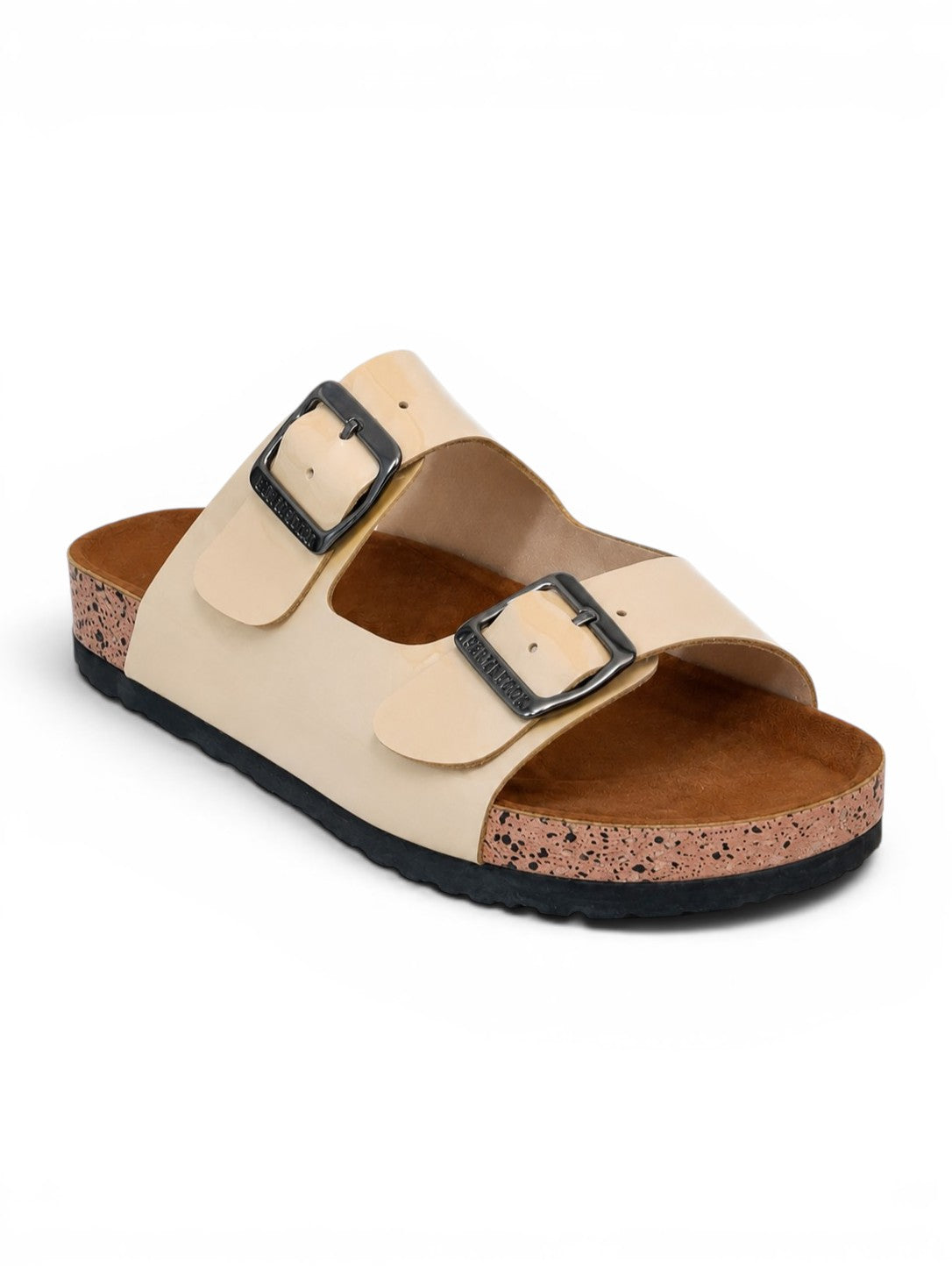 Slippers leather Glossy flat Double strap with buckles SL-232