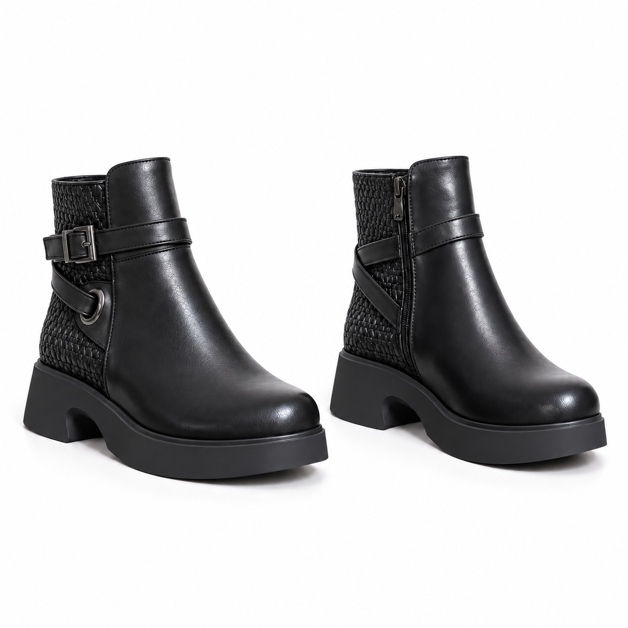 Women's Leather Ankle Boot with Thick Heel and Side Buckle Zipper G-67