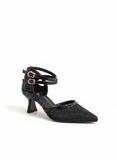Shoes Mid Heels Fabric And Leather With Buckle F-601