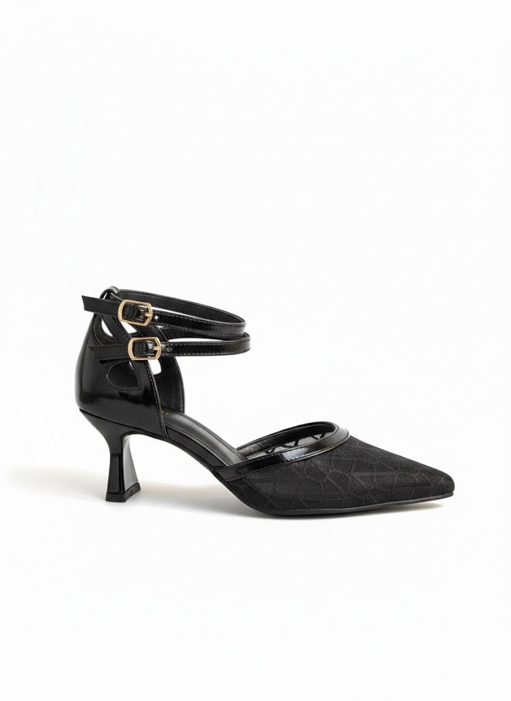 Shoes Mid Heels Fabric And Leather With Buckle F-601