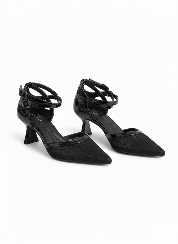 Shoes Mid Heels Fabric And Leather With Buckle F-601