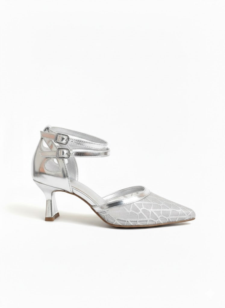 Shoes Mid Heels Fabric And Leather With Buckle F-601