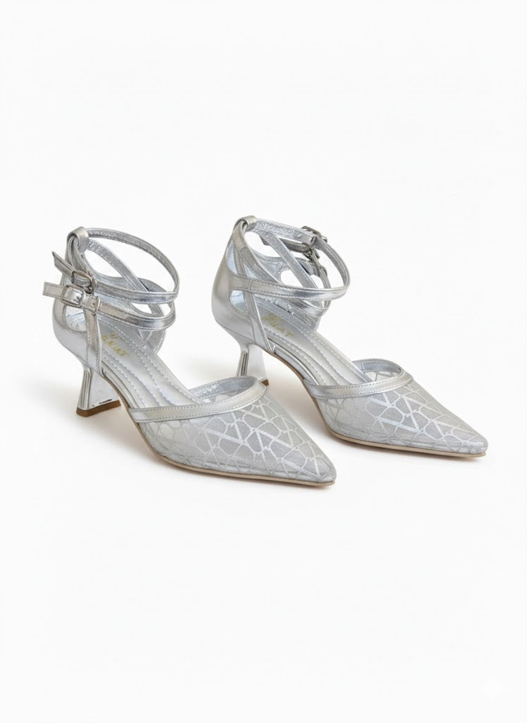 Shoes Mid Heels Fabric And Leather With Buckle F-601