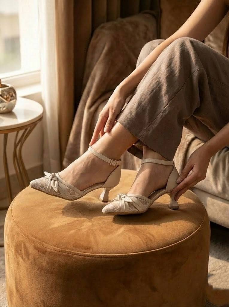 Shoes Mid Heels Dentelle With Bow F-612