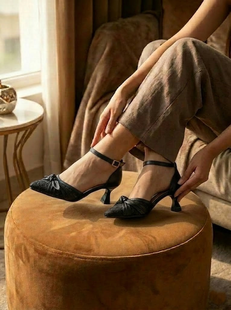 Shoes Mid Heels Dentelle With Bow F-612