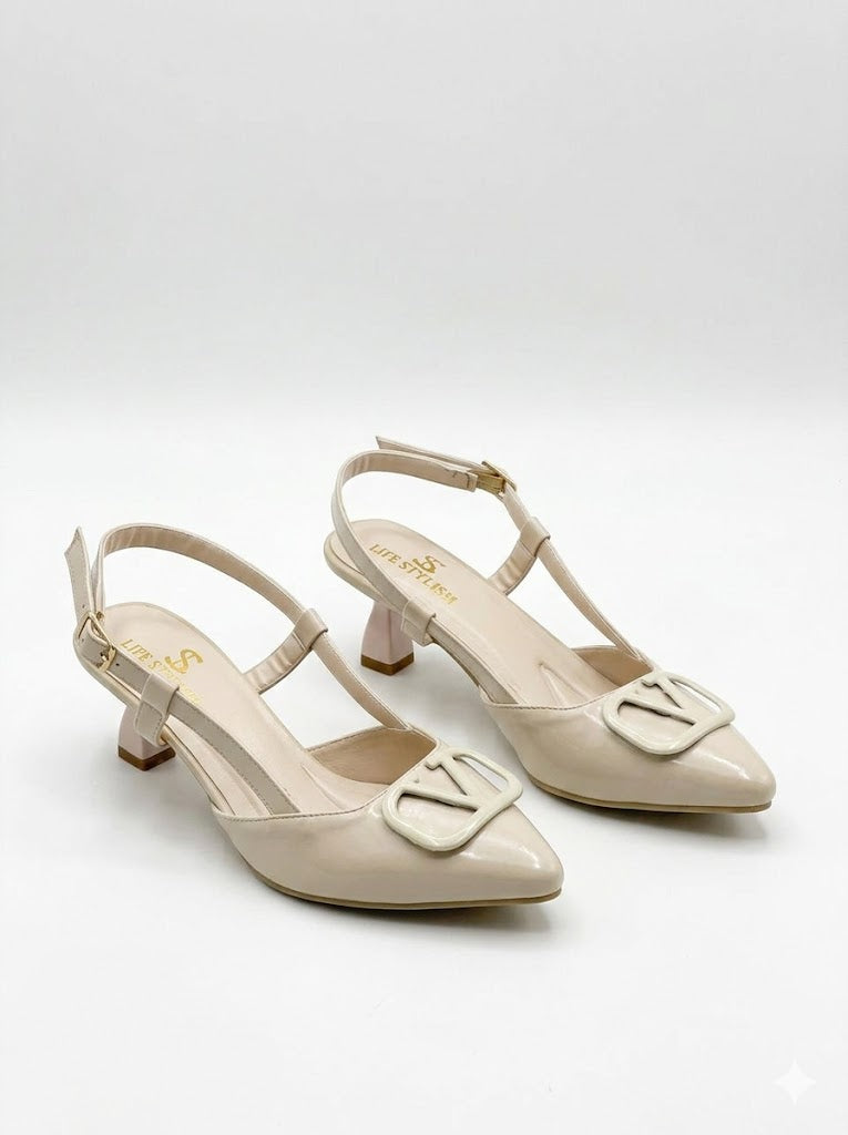 Shoes Mid Heels Leather With Buckle Elegant F-613