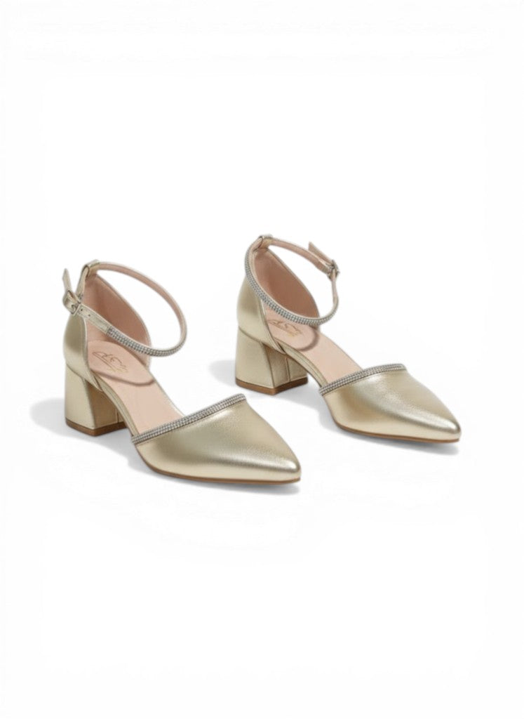 Shoes Mid Heels Leather With Diamond Strap F-617