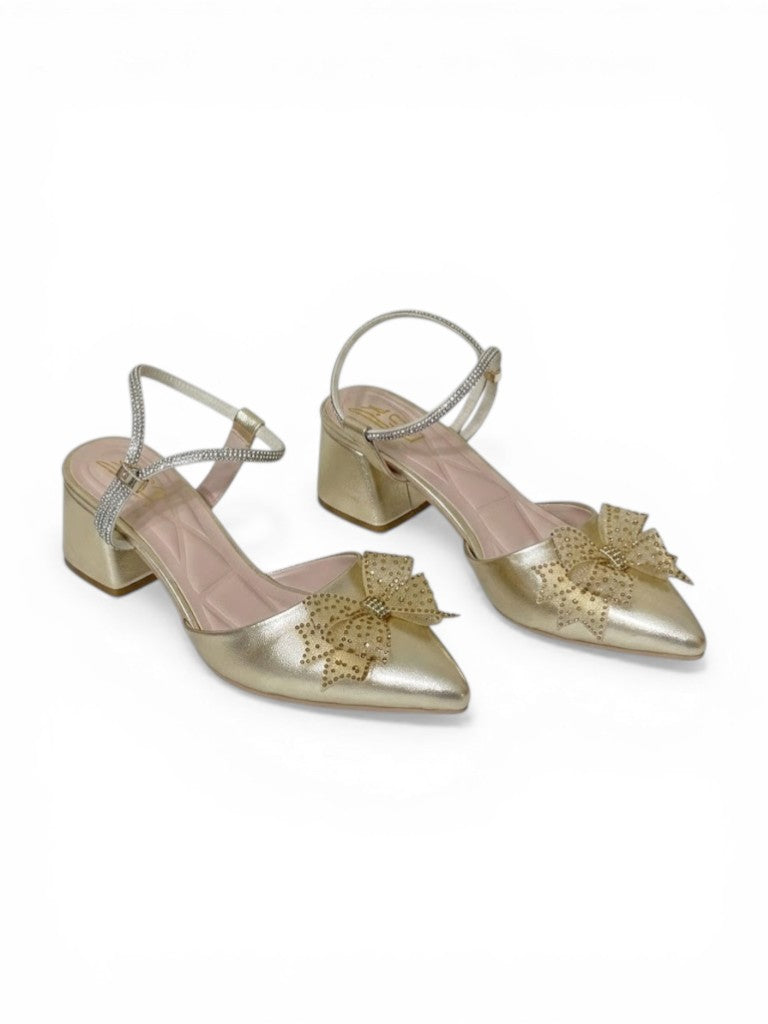 Shoes Mid Heels Leather Glossy With Bow F-618