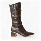 Long Boot Mid Heels Leather With Rope and Zipper LB-45