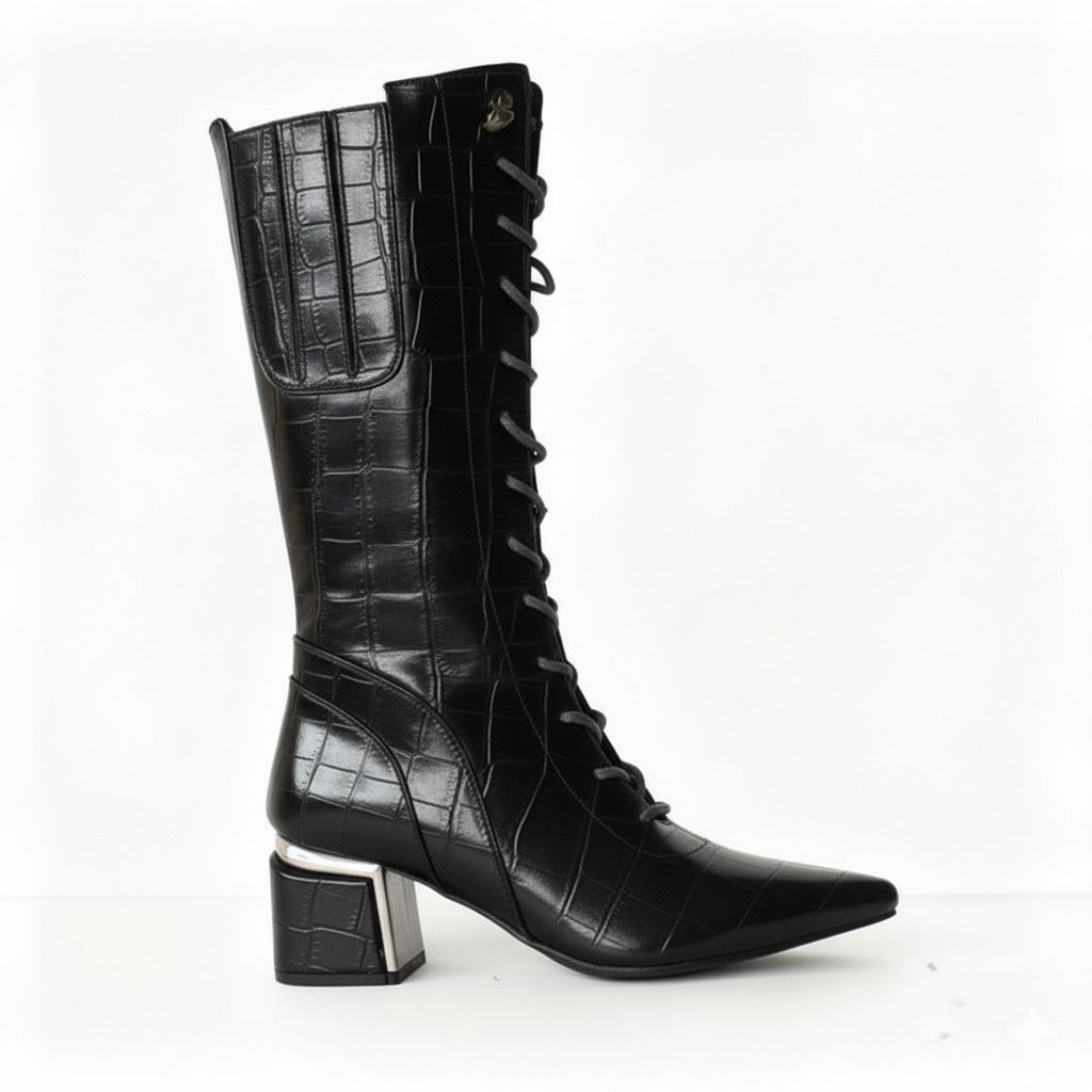 Long Boot Mid Heels Leather With Rope and Zipper LB-45