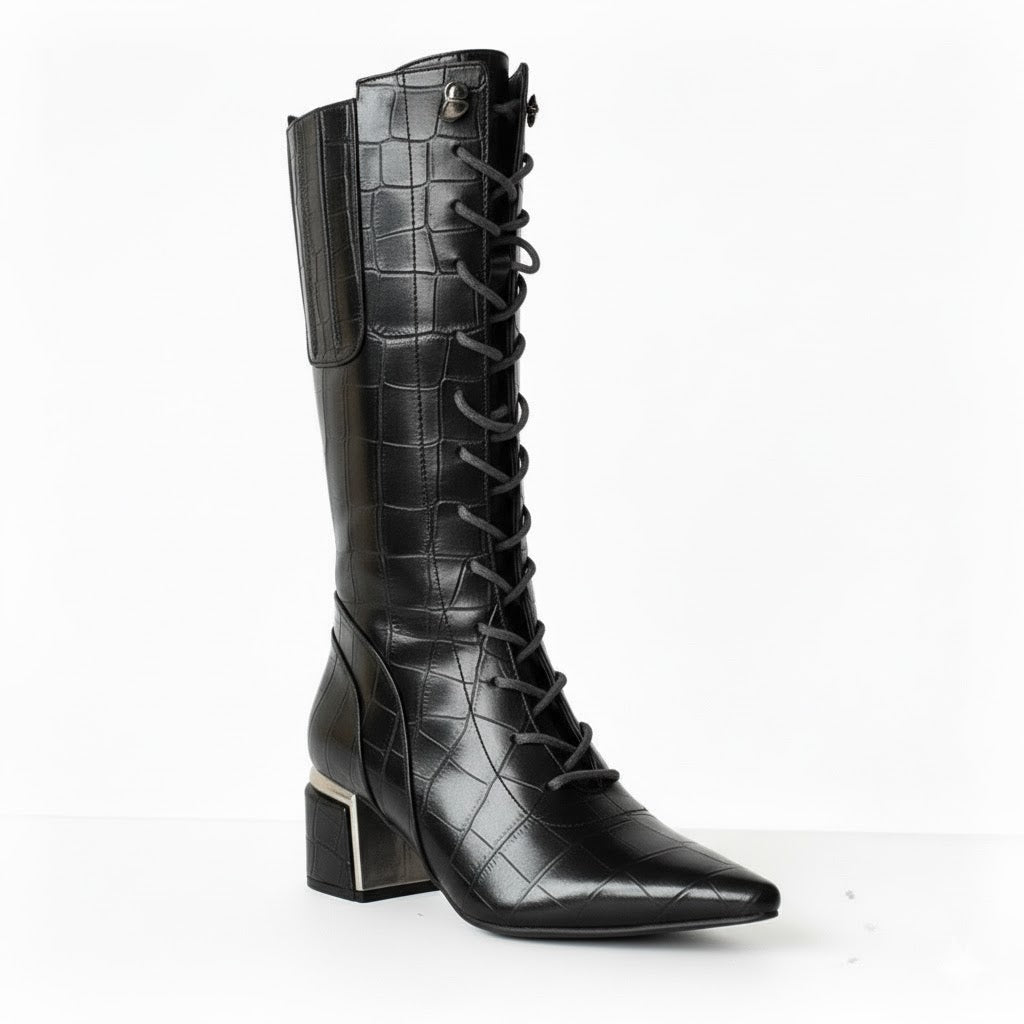 Long Boot Mid Heels Leather With Rope and Zipper LB-45