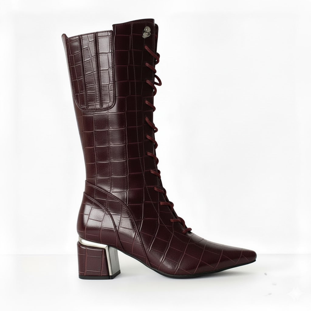 Long Boot Mid Heels Leather With Rope and Zipper LB-45
