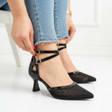 Shoes Mid Heels Fabric And Leather With Buckle F-601