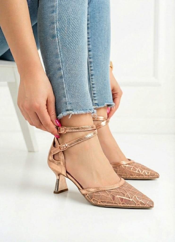 Shoes Mid Heels Fabric And Leather With Buckle F-601