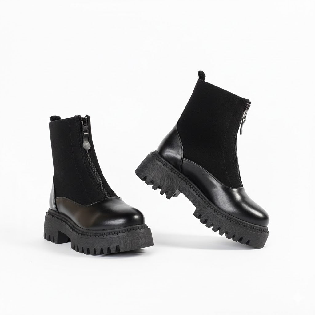 Ankle Boot Leather And Suede With Zipper Elegant E-104