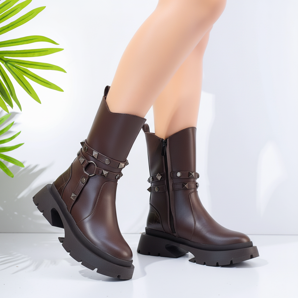 Ankle Boot Leather With Accessories Stylish E-103